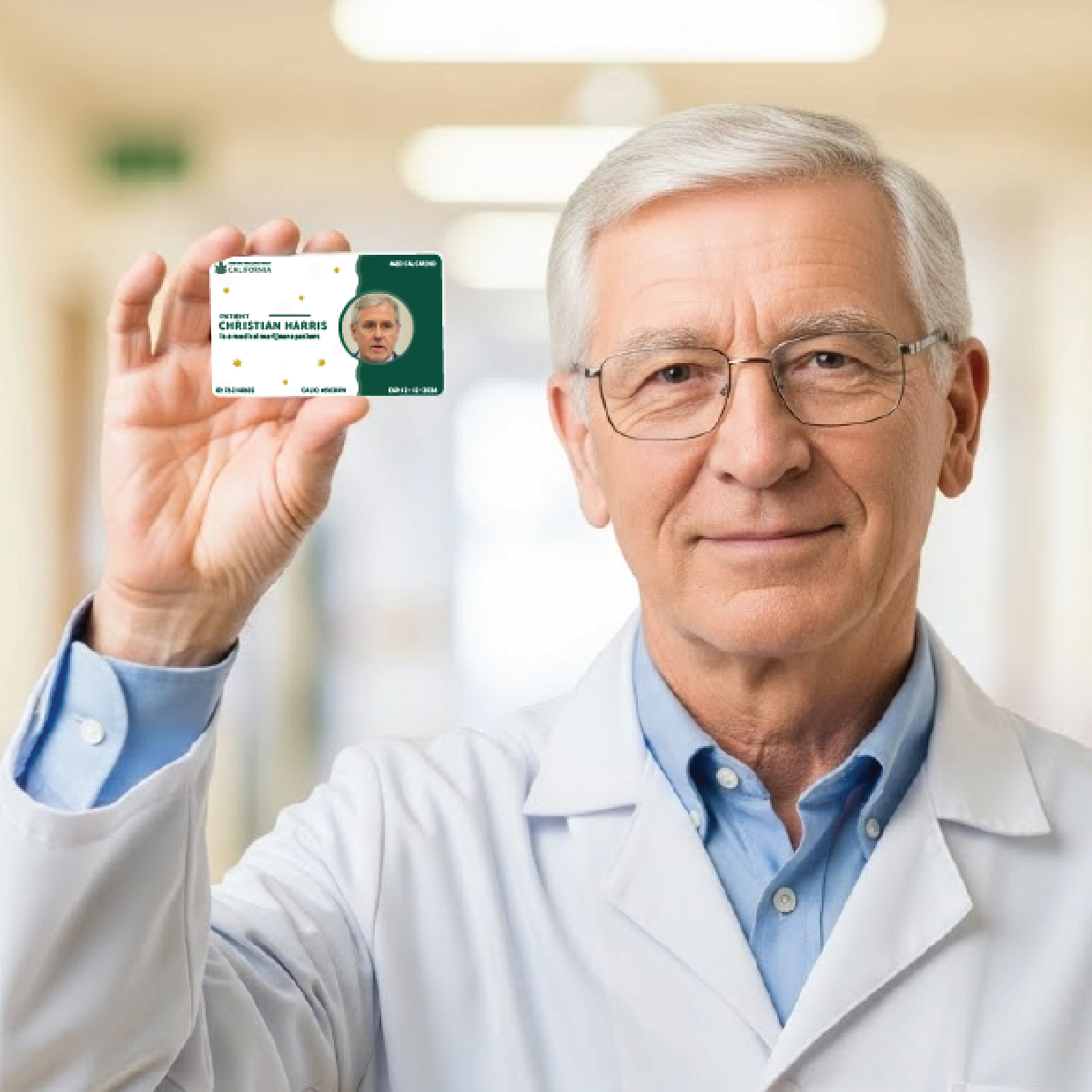 doctor holding mmj id card with name christian harris